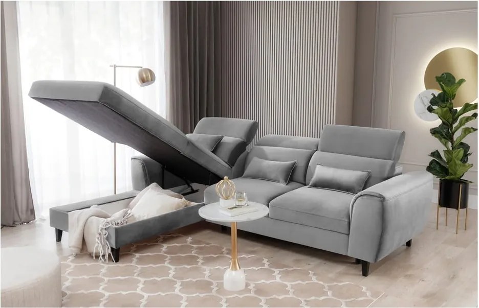 Colțar gri extensibil/cu spațiu de depozitare cu tapițerie din catifea (cu colț pe partea stângă/cu șezlong) Foble – ELTAP