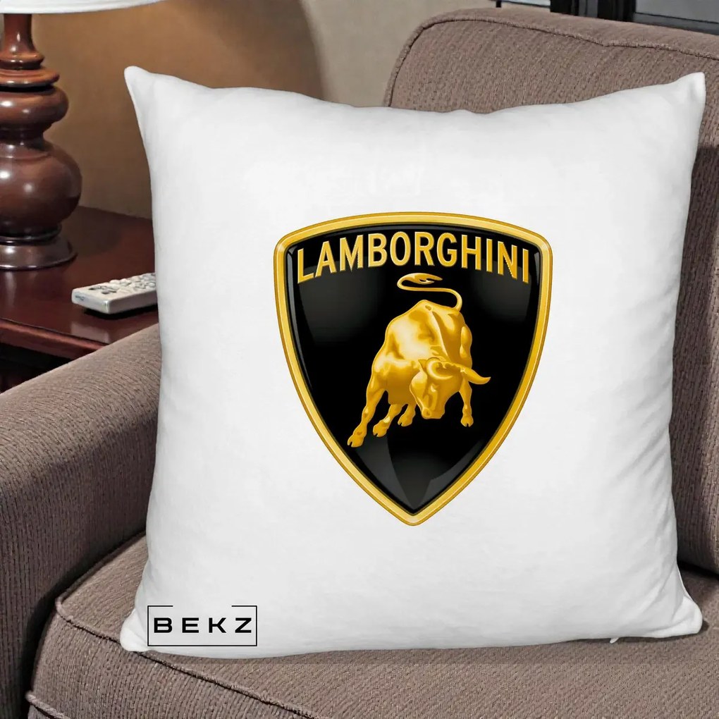 Perna Personalizata cu emblema Lamborghini, 40x40 cm, Alb Pufos, Husa Detasabila, Perna Inclusa, BEKZ®