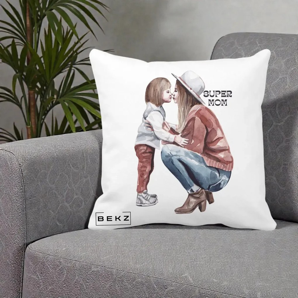 Cadou pentru Mama - Perna Personalizata Super Mom Acuarela, 40x40 cm, Alba Mata, Husa Detasabila, Perna Inclusa, BEKZ®