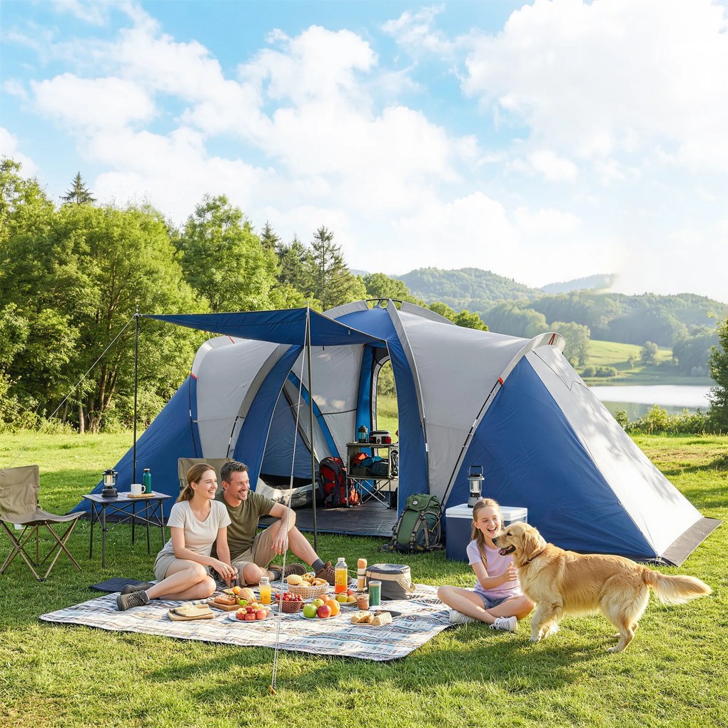 Outsunny Cort de Camping cu Dublu Strat Tip Tunel Familial 4-5 Persoane 2 Camere și Living pentru 12 Persoane Albastru | Aosom Romania