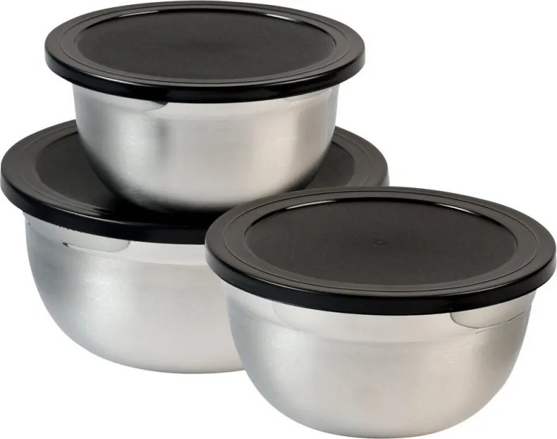 Set de 3 boluri din inox cu capac Kesper 90898, 700/1,1/1,5 l, scala de masurare, margine larga, fund antiderapant, inox