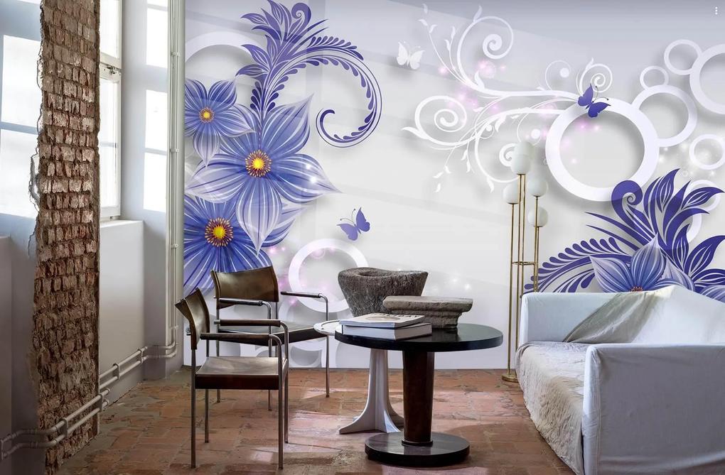 Fototapet 3D, Flori violet cu cercuri albe pe un fundal alb Art.05335
