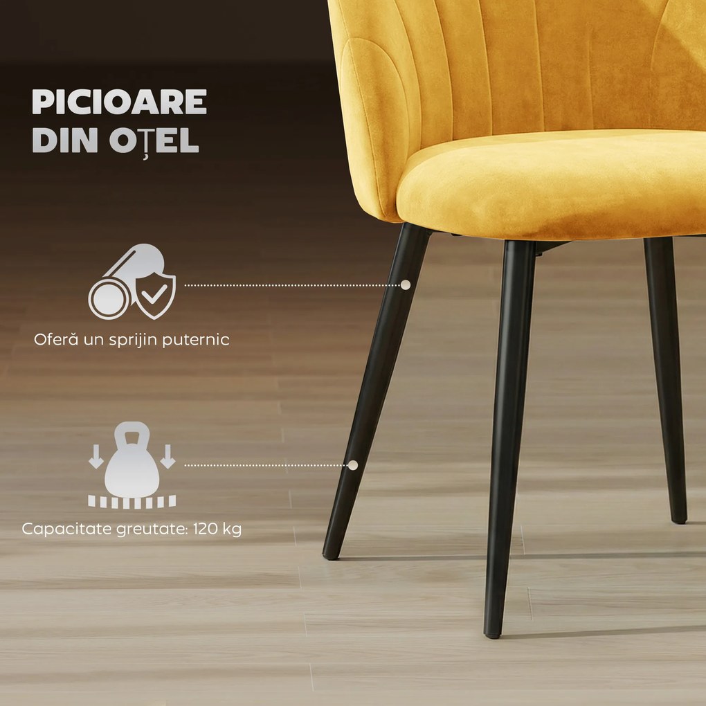 HOMCOM Set 2 Scaune pentru Sufragerie din Catifea, Scaune de Bucătărie cu Spătar Curbat în Formă de Scoică, Picioare din Oțel, Stil Nordic, Scaun Tapițat pentru Bucătărie, Dormitor, Living, Galben | Aosom Romania