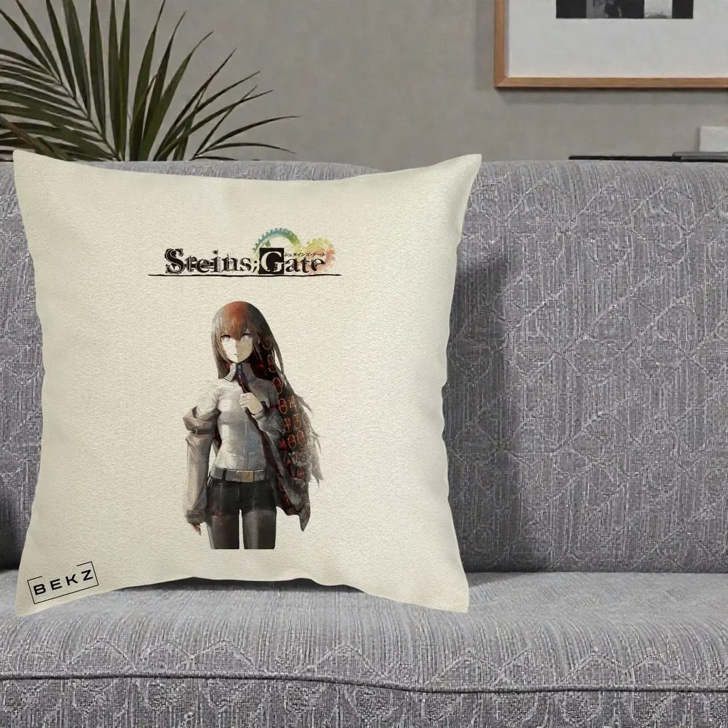 Perna Personalizata Steins Gate Kurisu Makise Anime, 40x40 cm, Ecru, Husa Detasabila, Perna Inclusa, BEKZ®