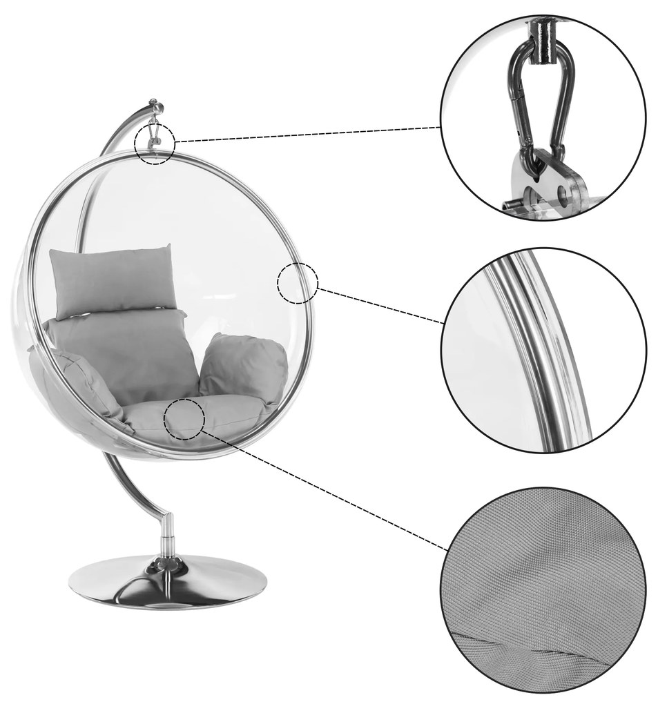Scaun suspendat cu suport, transparent/ argintiu/ gri, BUBBLE TIP 3