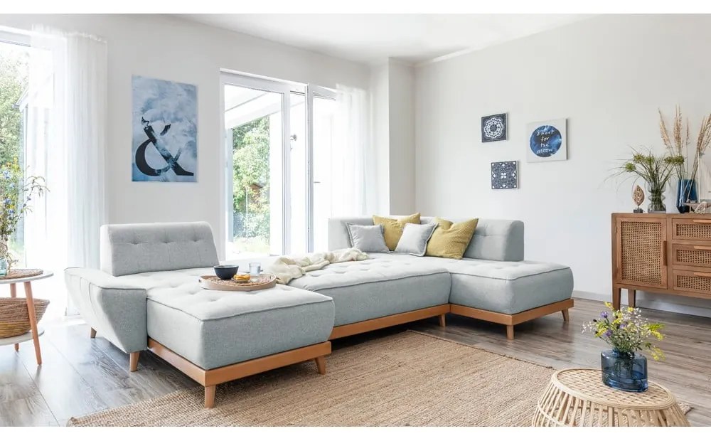 Canapea extensibilă în formă de "U" cu șezlong pe partea dreaptă Miuform Dazzling Daisy, gri deschis