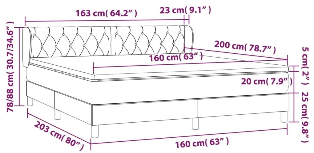 Pat box spring cu saltea, gri deschis, 160x200 cm, catifea Gri deschis, 160 x 200 cm, Design cu nasturi