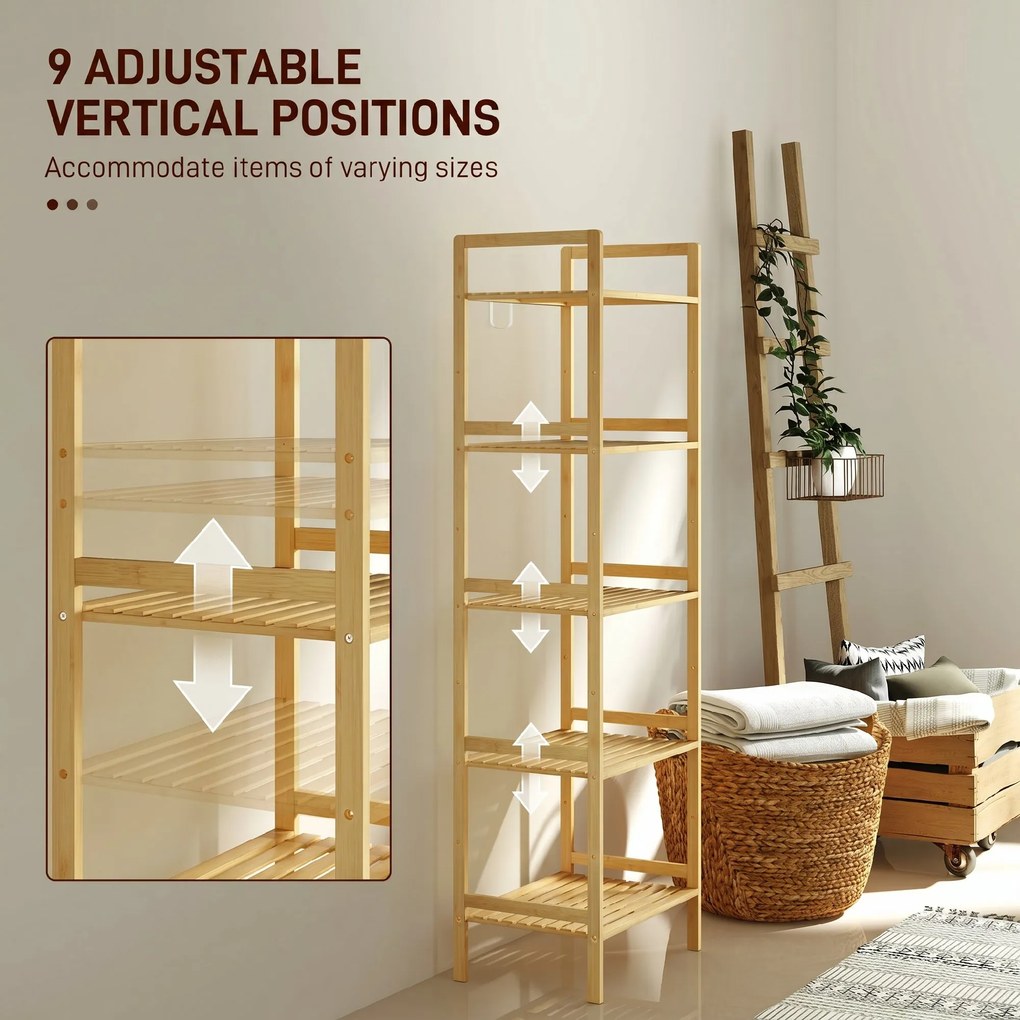 HOMCOM Raft de Depozitare pentru Baie cu 5 Niveluri, 43,5x31,5x142 cm, Lemn Natural | Aosom Romania