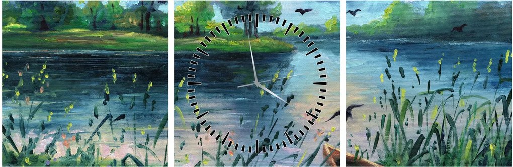 Tablou- Pictură în ulei, seară de vară lângă lac (cu ceas) (90x30 cm)