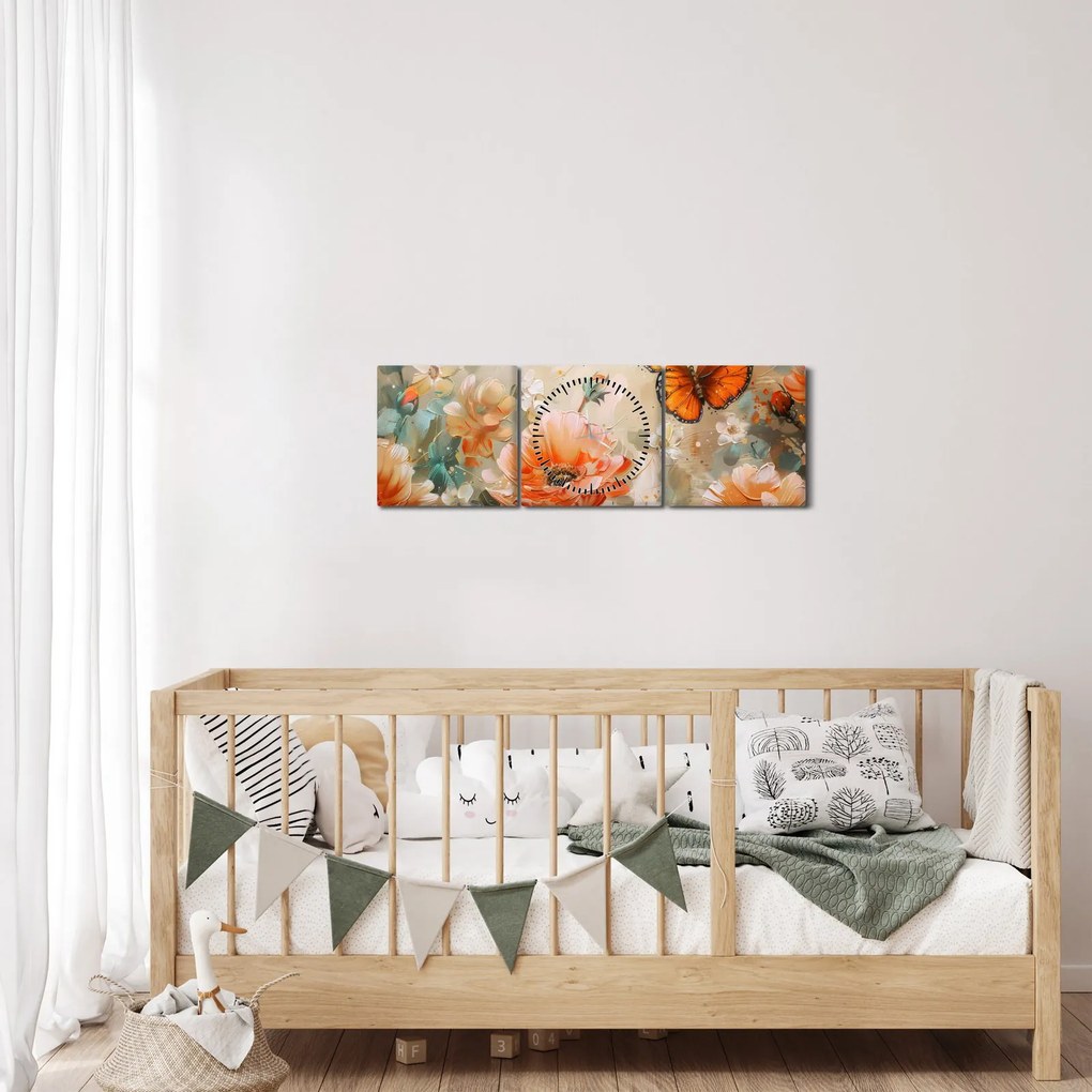 Tablou - Fluture și flori, pictură în ulei (cu ceas) (90x30 cm)