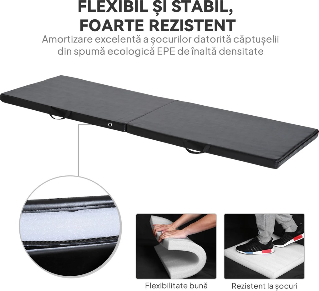 HOMCOM Tapet de Gimnastică Pliabil, Tapet Fitness Gros de 5 cm și Antialunecare, 180x60x5 cm, Negru | Aosom Romania