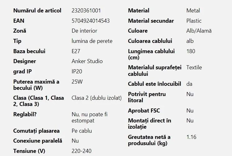 Aplica de perete ambientala design nordic Spargo alb/alama