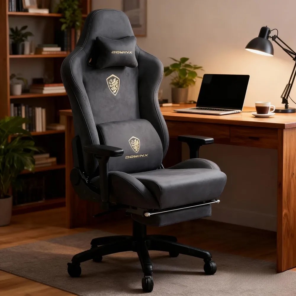 DOWINX 68A - Scaun Gaming Ergonomic, Extra-Lat și Construcție Heavy-Duty, Masaj in perna lombara, Material Textil respirabil, Suport picioare, Roti Silicon, Rezistent 150 kg, Gri Inchis