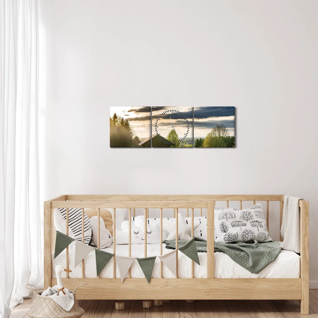 Tablou cabana în pădure (cu ceas) (90x30 cm)