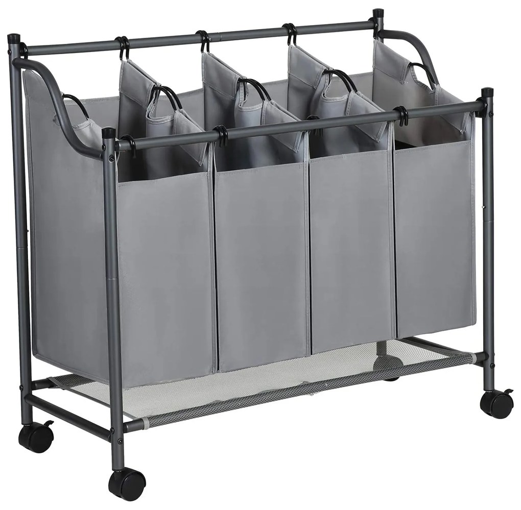 Cos de rufe cu roti, 4 saci detasabile, carucior de rufe 4 x 35L, gri