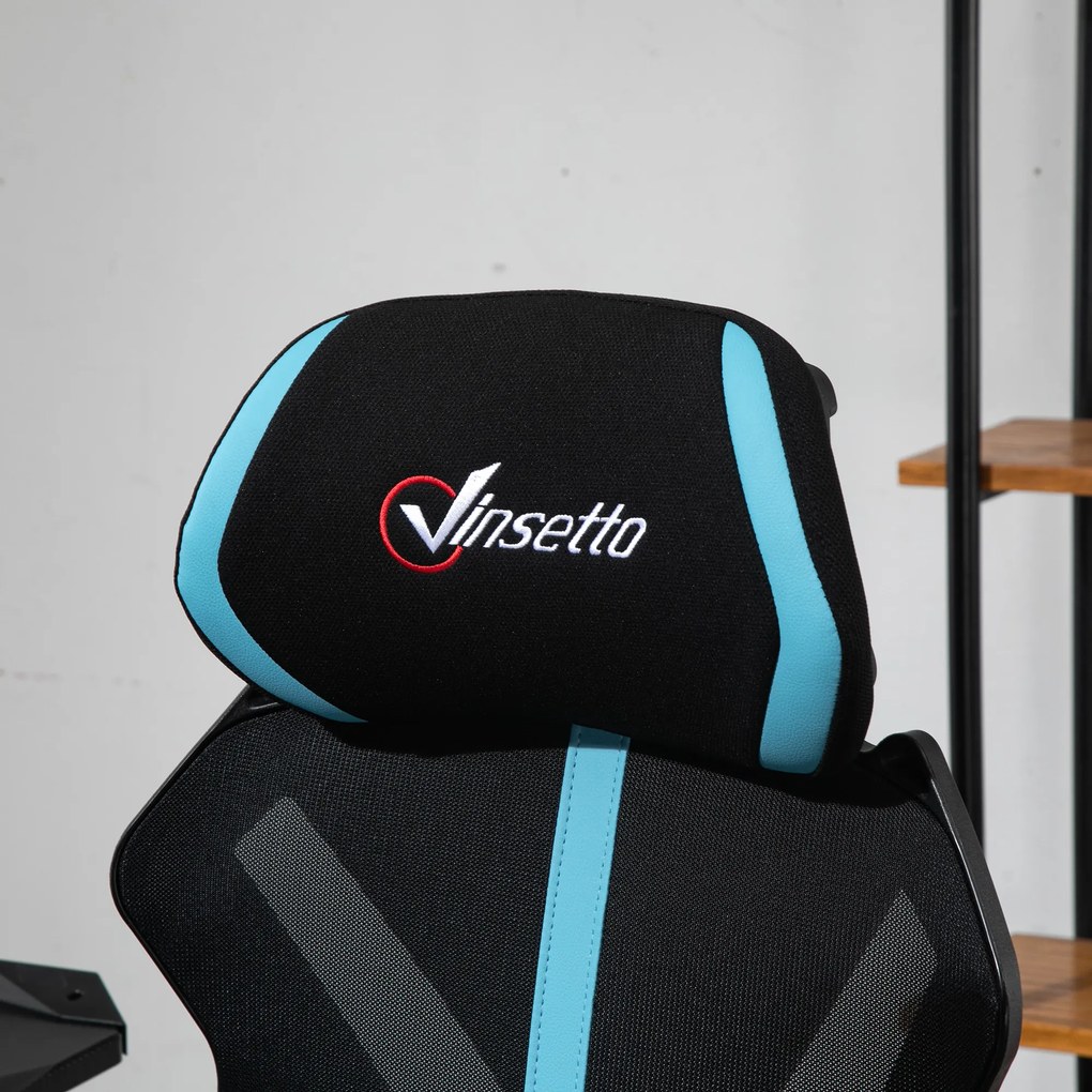 Vinsetto Scaun Gaming cu Suport pentru Picior Retractabil Scaun de Birou Rotativ Inclinabil cu Suport de Cap și Înălțime Reglabilă 65x65x119-129 cm Negru și Albastru | Aosom Romania
