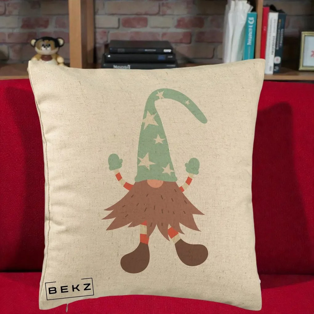 Perna Decorativa Pitic Gnom Nordic cu Cadou Menta, 40x40 cm, Bej, Husa Detasabila, Perna Inclusa, BEKZ®