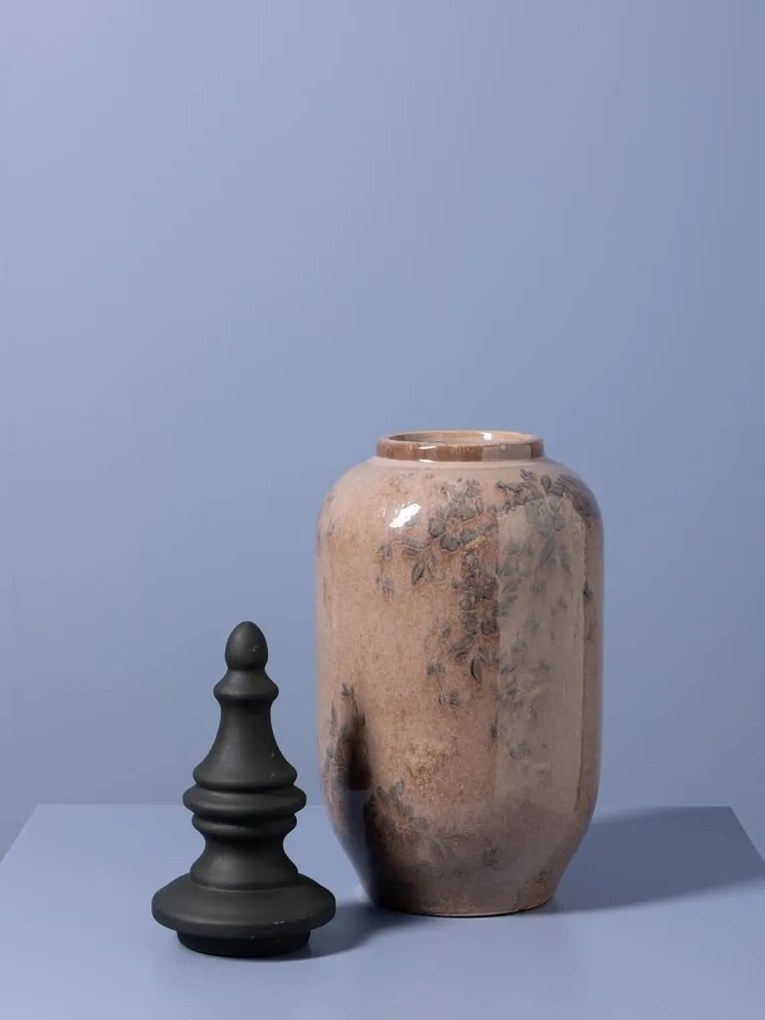 Borcan decorativ din ceramică artizanală roz cu capac negru sculptat, formă ovală, finisaj lucios, 46.5×18 cm, „Rosaire"