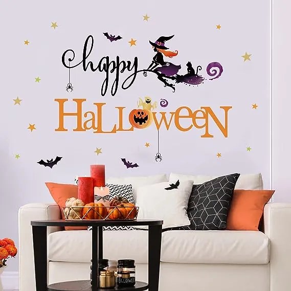 Autocolante de perete, Happy Halloween, 5 tipuri de autocolante (mesajul ''happy'', mesajul ''Halloween'', stelute, lilieci si efecte)