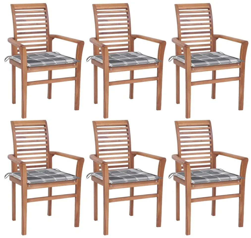 3072960 vidaXL Scaune de bucătărie, perne gri carouri, 6 buc., lemn masiv tec