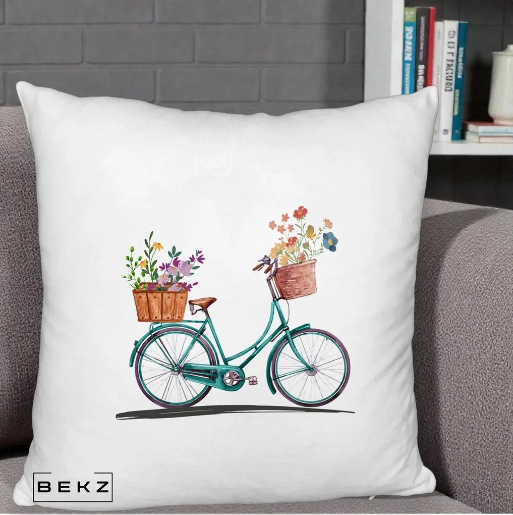 Perna Decorativa Bicicleta Florala Turcoaz Acuarela, 40x40 cm, Alb Pufos, Husa Detasabila, Perna Inclusa, BEKZ®