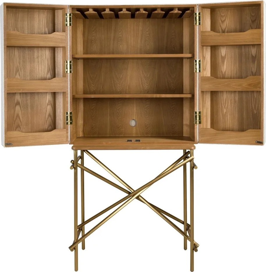 Bufet inalt LUX design italian, Tesatura gri deschis, Piele, Metal Golden