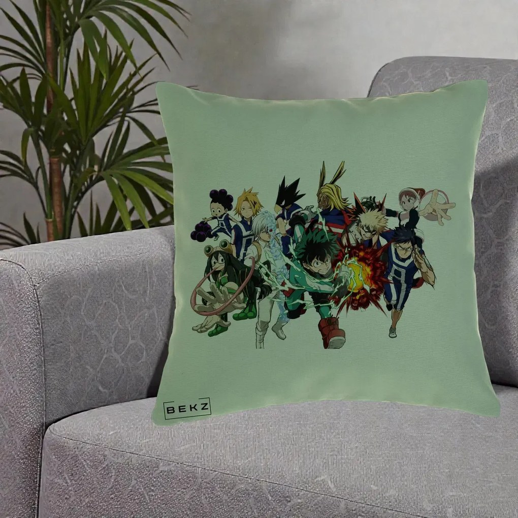 Perna Personalizata My Hero Academia Clasa 1-A Complet, 40x40 cm, Verde, Husa Detasabila, Perna Inclusa, BEKZ®
