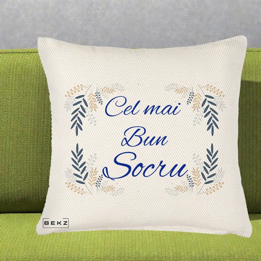 Cadou pentru Socru - Perna Personalizata Cel mai Bun Socru cu Ramuri Frunze Albastre si Aurii, 40x40 cm, Crem Reliefat, Husa Detasabila, Perna Inclusa, BEKZ®