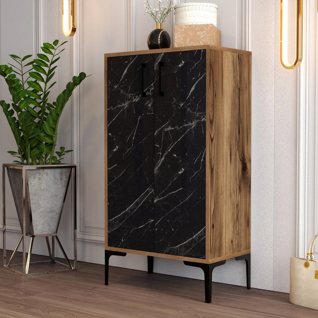 Comodă pentru pantofi Prag - Walnut, Black Marble