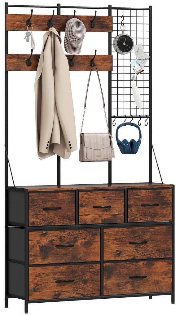 HOMCOM Mobilier de intrare 4 în 1, portmanteau, vestiar cu 7 sertare din material textil și 14 cuiere, 100 x 30 x 183 cm, brun rustic | Aosom Romania