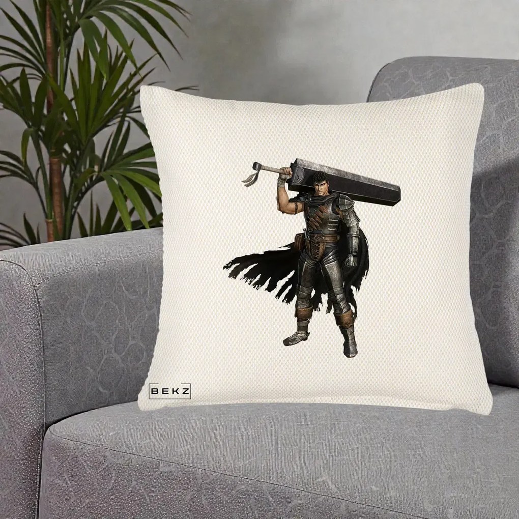 Perna Personalizata Berserk Guts Luptatorul Negru, 40x40 cm, Crem Reliefat, Husa Detasabila, Perna Inclusa, BEKZ®