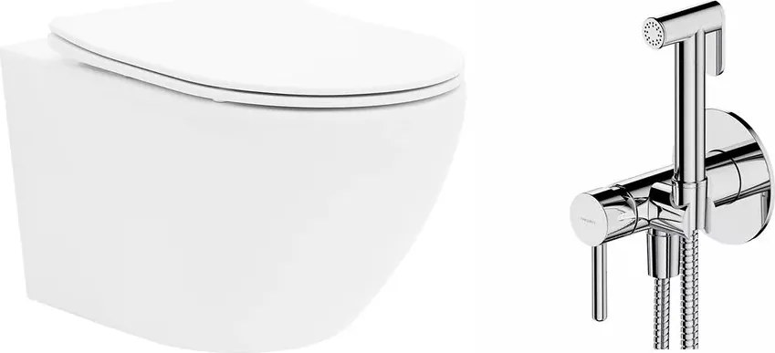 Pachet vas wc suspendat Rea Carlo Mini, capac softclose si set dus igiena intima crom cu baterie incastrata Omnires Y