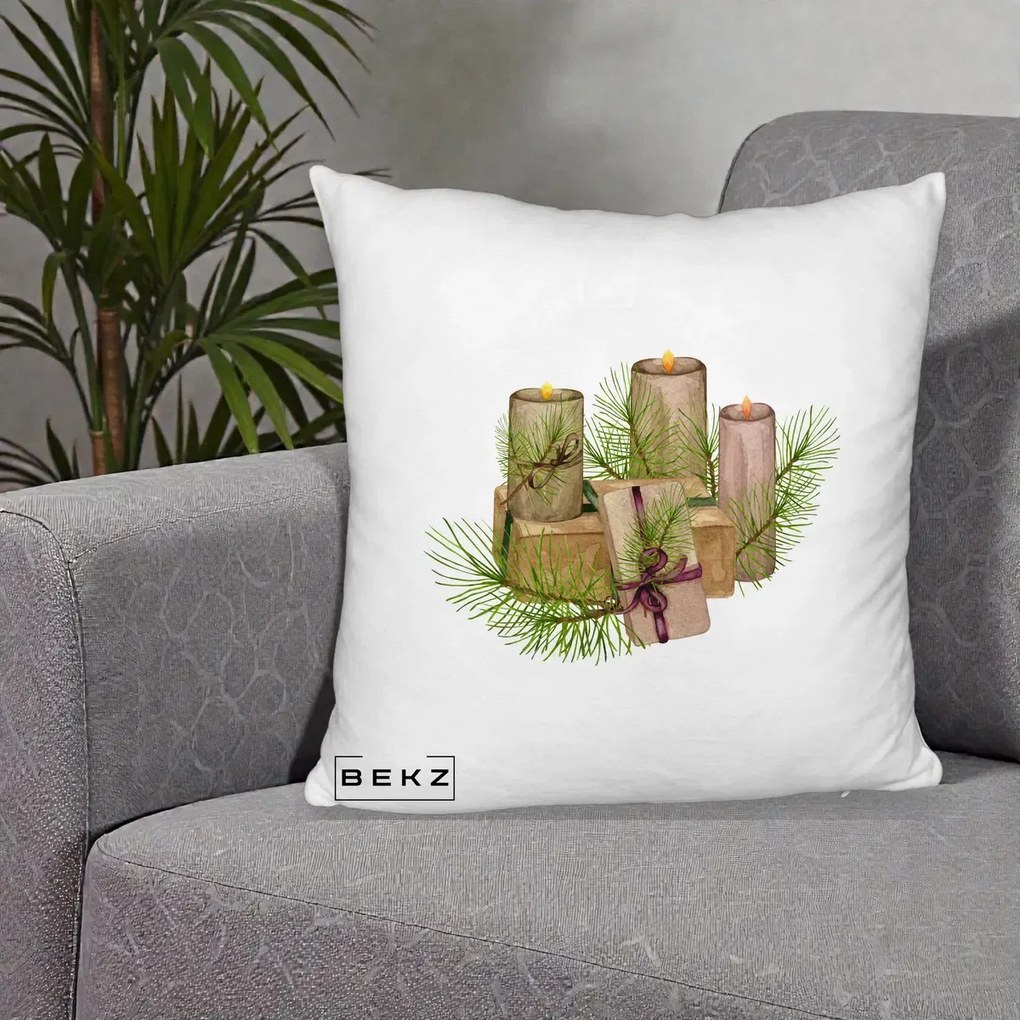 Perna Decorativa Lumanari cu Cadouri Naturale, 40x40 cm, Alb Pufos, Husa Detasabila, Perna Inclusa, BEKZ®