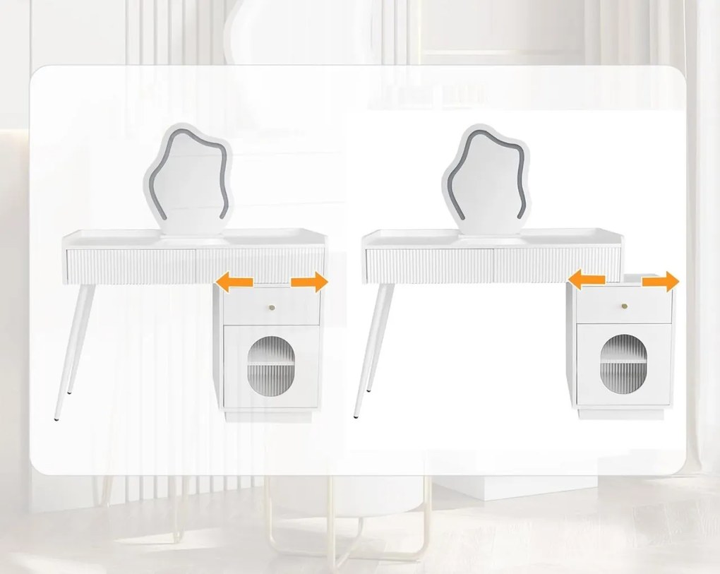Set Masa toaleta alba, 100 cm cosmetica machiaj, oglinda cu LED, masuta vanity cu Riflaj - SEA490