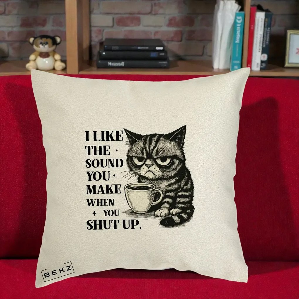 Perna Decorativa I Like the Sound You Make Pisica, 40x40 cm, Ecru, Husa Detasabila, Perna Inclusa, BEKZ®