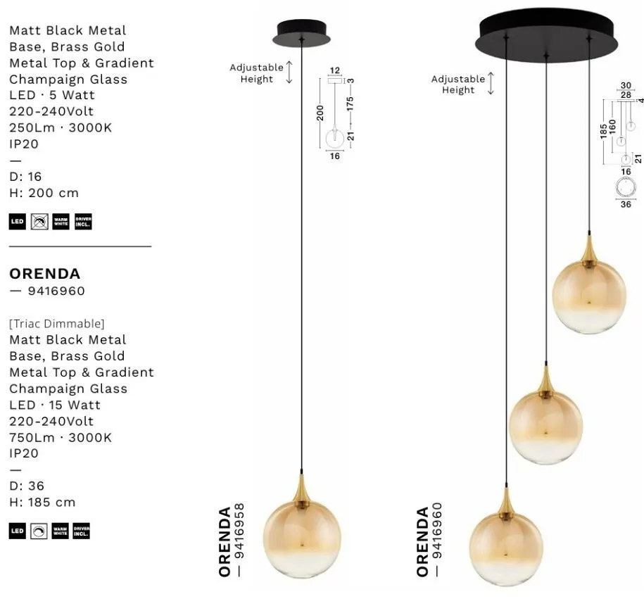 Lustra moderna cu 3 pendule LED, Metal, Sticla, Champaign, ORENDA