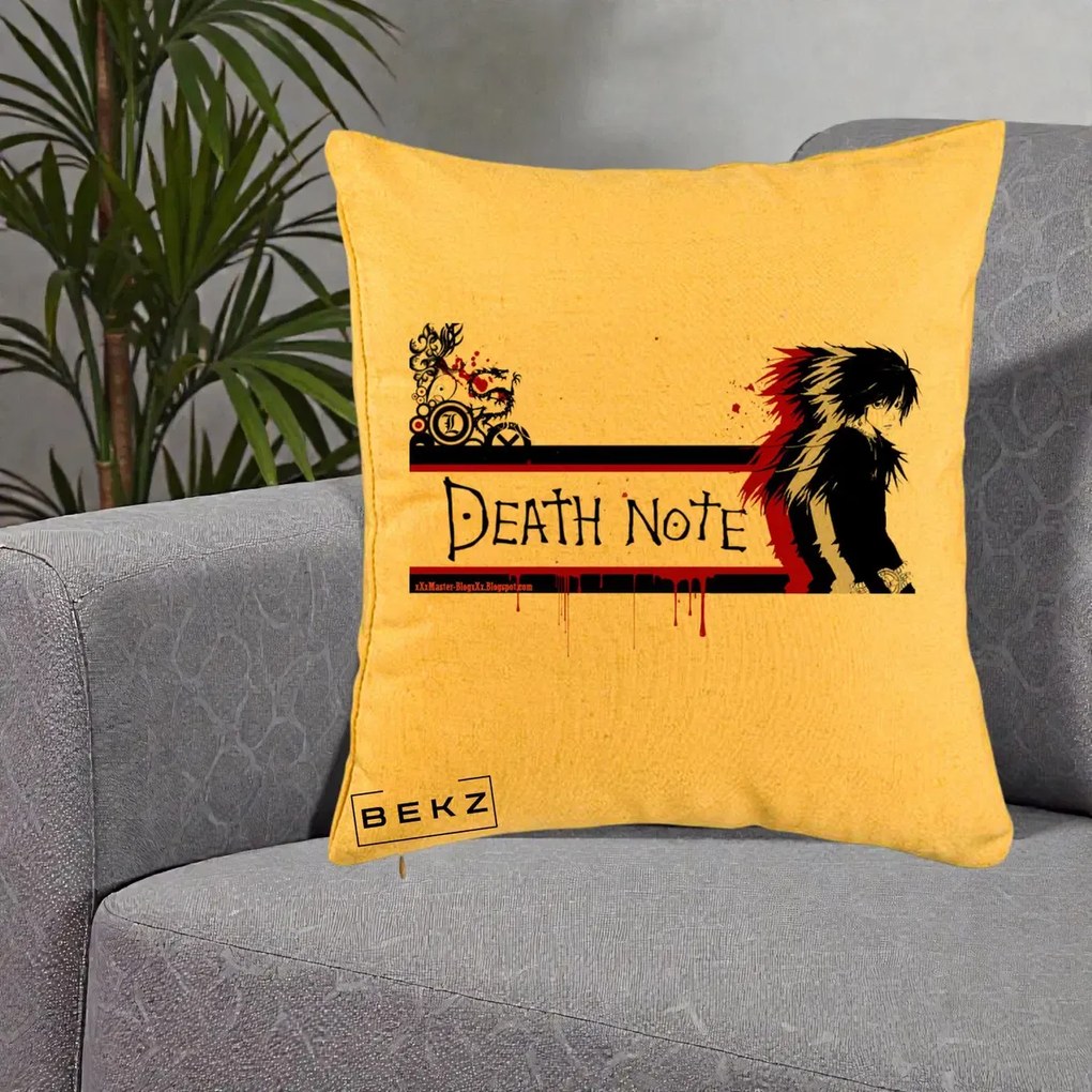 Perna Personalizata Death Note L Lawliet Rosu-Negru, 40x40 cm, Galben, Husa Detasabila, Perna Inclusa, BEKZ®