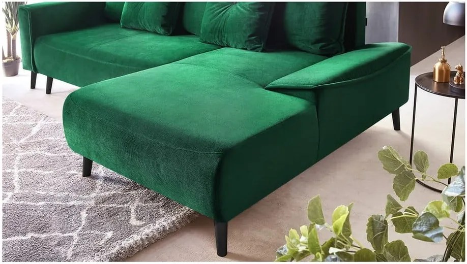 Colțar extensibil din catifea și șezlong pe partea dreaptă Bobochic Paris Hera Bis, verde