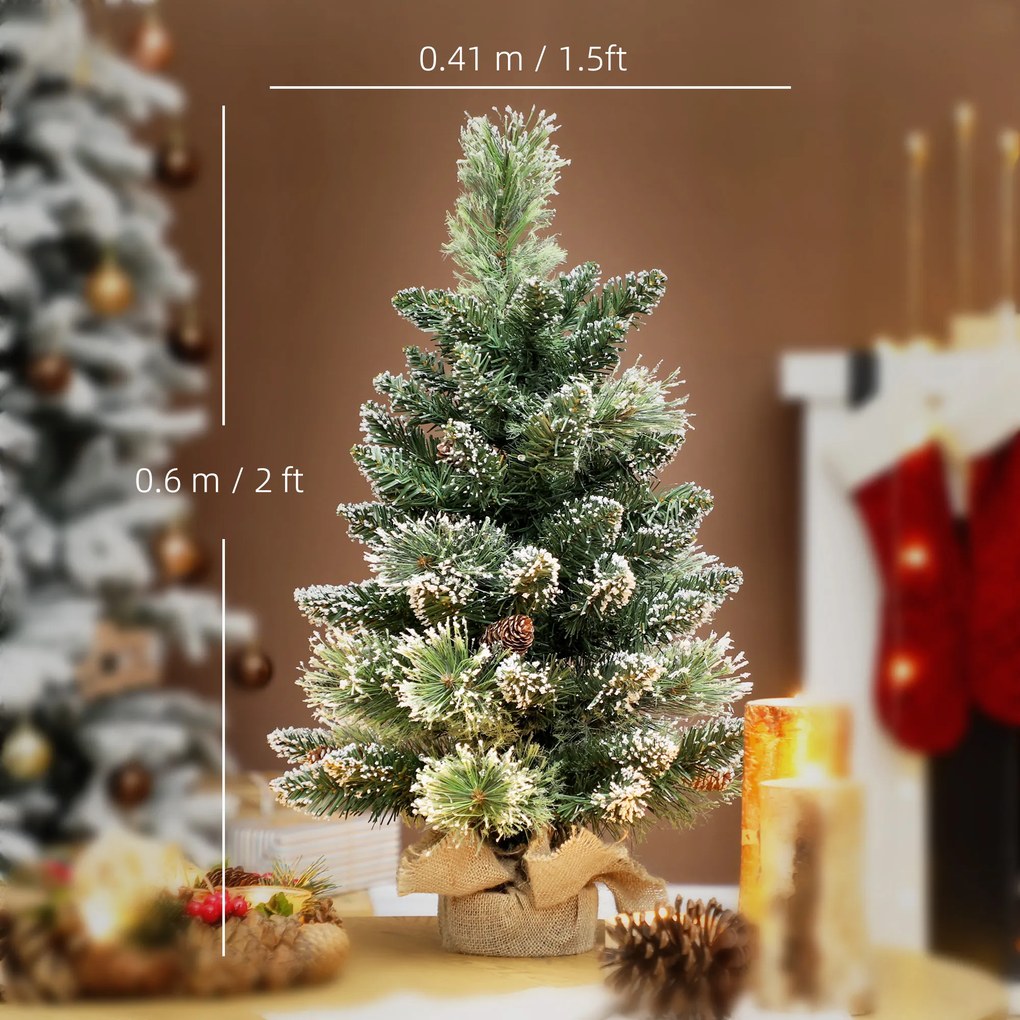 HOMCOM Pom de Crăciun Miniatural Pre-luminat 60 cm, Pom de Crăciun cu Zăpadă | Aosom Romania