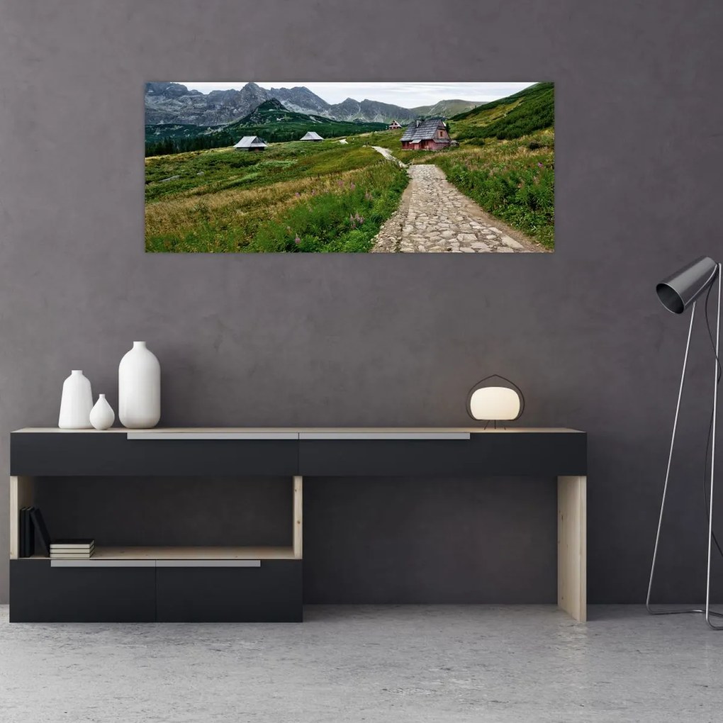 Tablou - Peisaj montan cu case (120x50 cm)