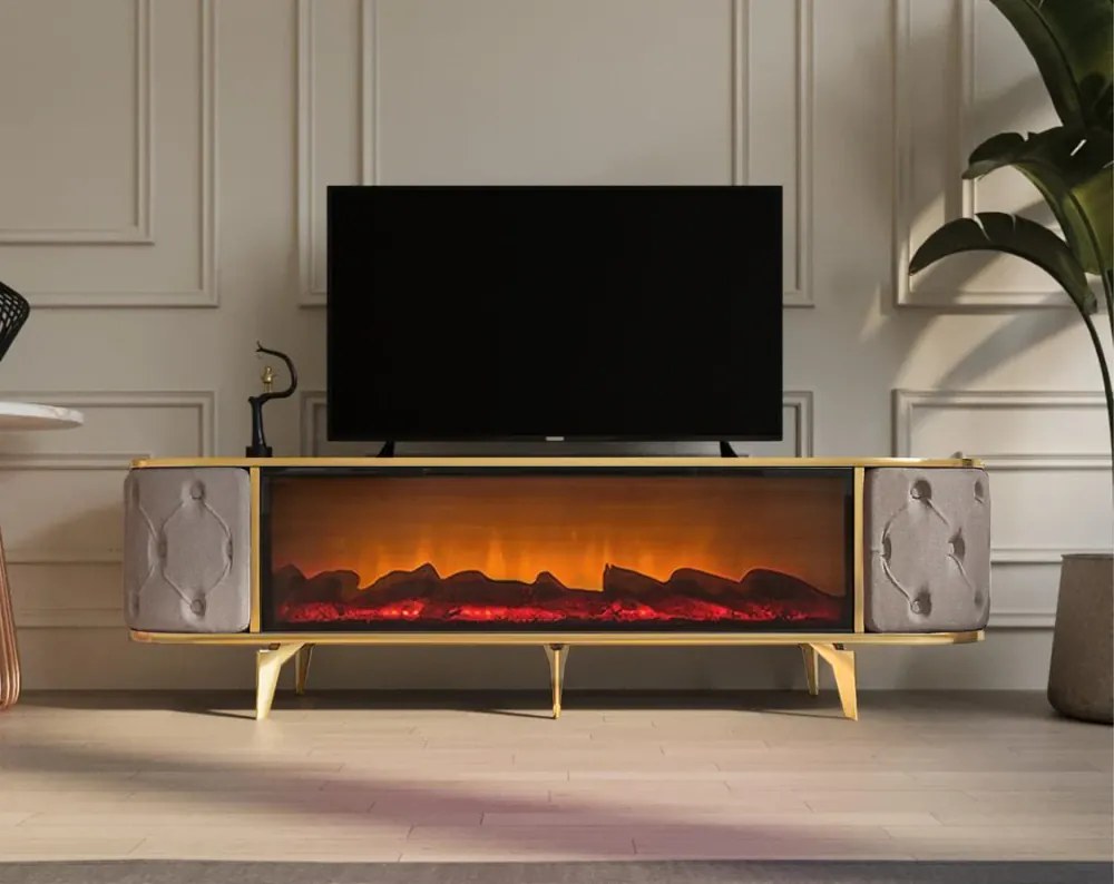 Comoda TV cu șemineu electric și riflaje, boxe Bluethooth, Bej/Auriu, 180x40x50cm