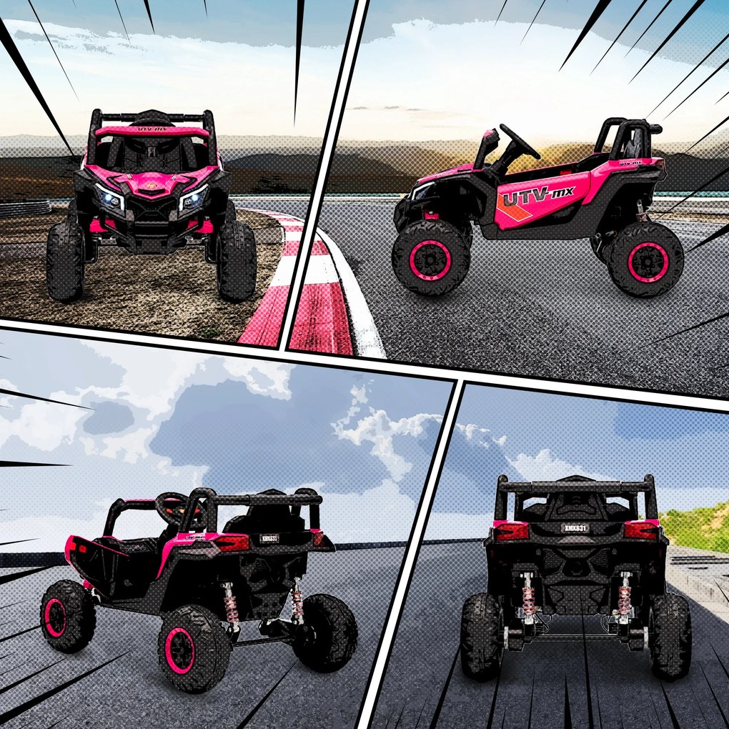 AIYAPLAY Mașină Electrică UTV pentru Copii 12V cu Centură, Telecomandă, Suspensii, USB, 3-7 km/h, 3-5 Ani, Roz | Aosom Romania