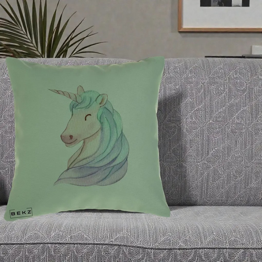 Perna Decorativa Unicorn Acuarela Pastel, 40x40 cm, Verde, Husa Detasabila, Perna Inclusa, BEKZ®