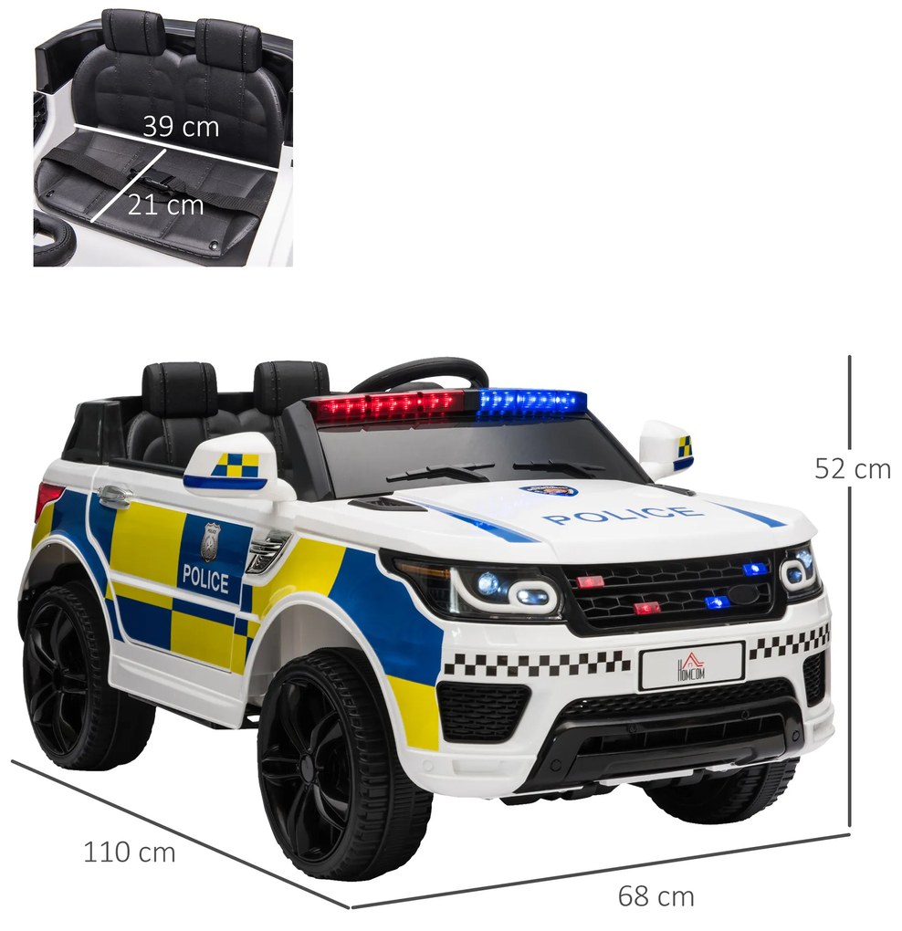 Masina Electrica pentru Copii de Politie Baterie 12V si Telecomanda, Sirena Lumini, Conexiune USB pentru Muzica 110x68x52cm HOMCOM | Aosom Romania