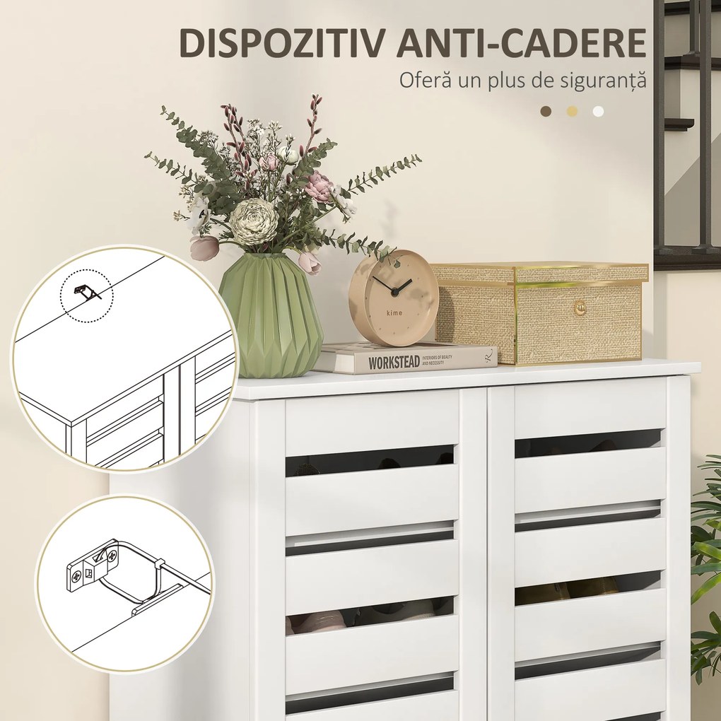 HOMCOM Dulap de Pantofi Modern cu 5 Niveluri cu Uși cu Jaluzele din Lemn Alb | Aosom Romania