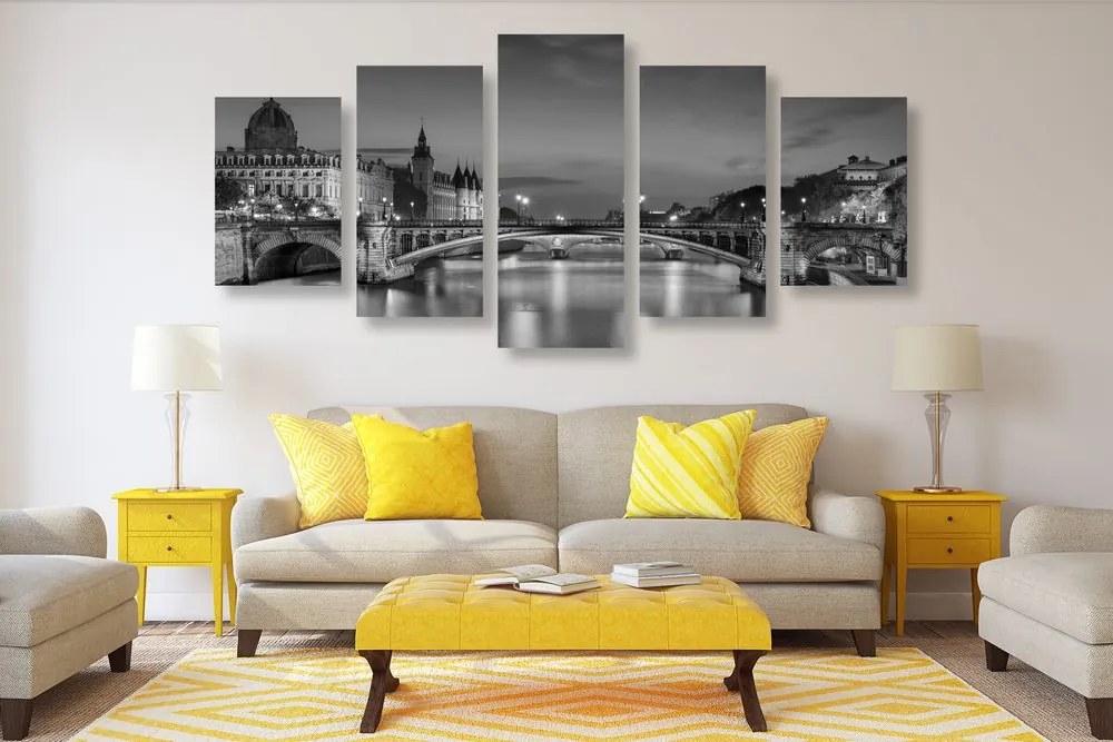Tablou 5-piese panorama orbitoare ale Parisului în design alb-negru