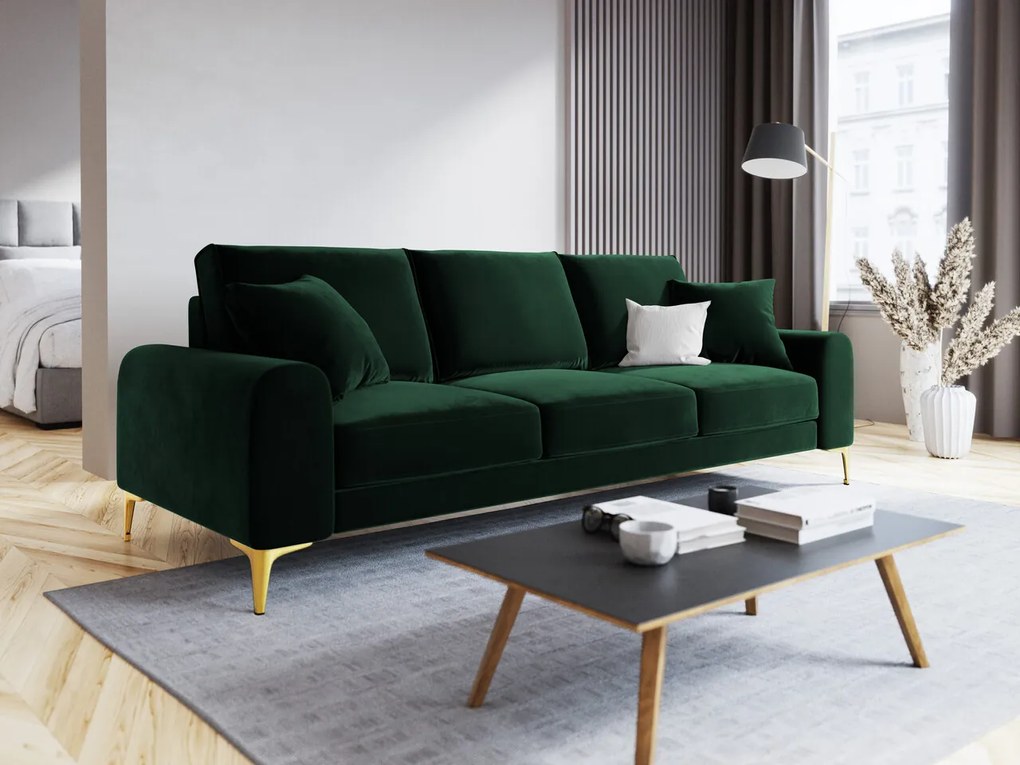 Canapea, Madara, Mazzini Sofas, 3 locuri, gold legs, 222x102x90 cm, catifea, verde bottle