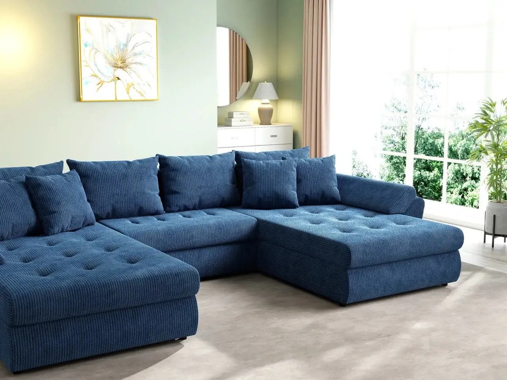 Colțar extensibil dumonde cu ladă de depozitare si sezut confortabil din spuma high-density, Loana U Zoom Blue 355x185 cm