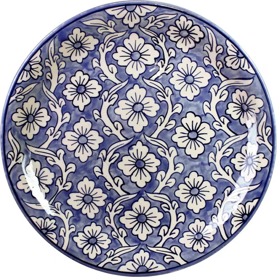 Platou ceramic rotund pictat manual cu model floral albastru, Ø 37 x H 4,3 cm, „Miranda"