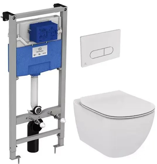 Set rezervor WC Ideal Standard ProSys si clapeta crom plus vas WC Tesi Aquablade cu capac soft close